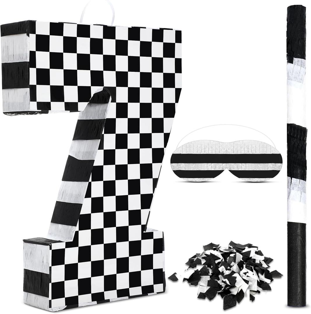 Lewtemi Race Car Number Piñata Small Checkered Race Car Birthday Party Decoration Black and White Racing Piñata with Stick Confetti Eye Mask for Celebration 15.3 x 10.6 x 2.8 Inch (Number 7)