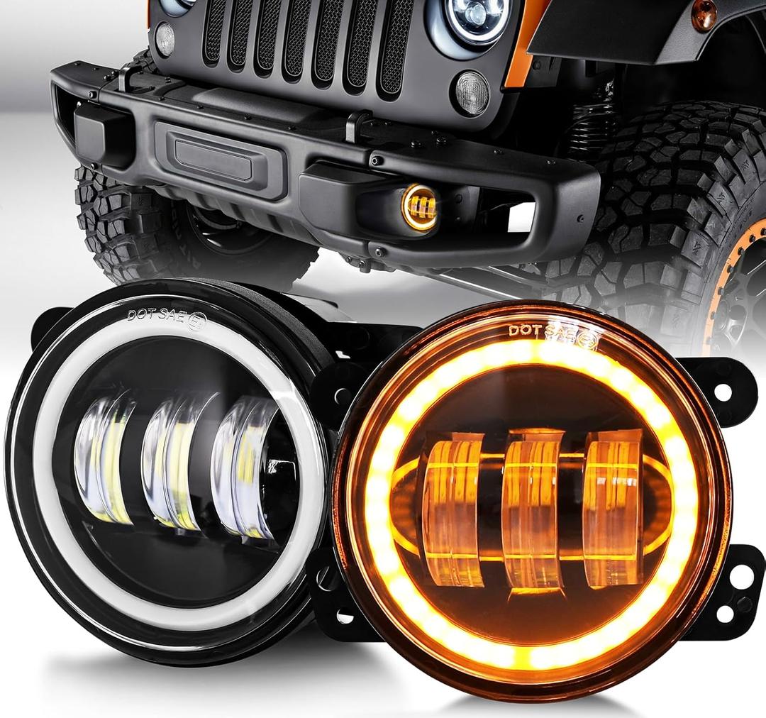 4 Inch Fog Lights w/White Halo Ring Angle Eye DRL DOT Approved Compatible with Wrangler JK Unlimited JKU 07-18 LED Front Bumper Foglights Replacements