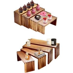 8Pcs Wood Risers Display Stands 2 Set, 4 Tier Rectangular Spice Rack for Food, Desserts, Cup Cake Stand, Large Tiered Shelf Organizer for Perfume, Makeup, Dolls, Collectibles