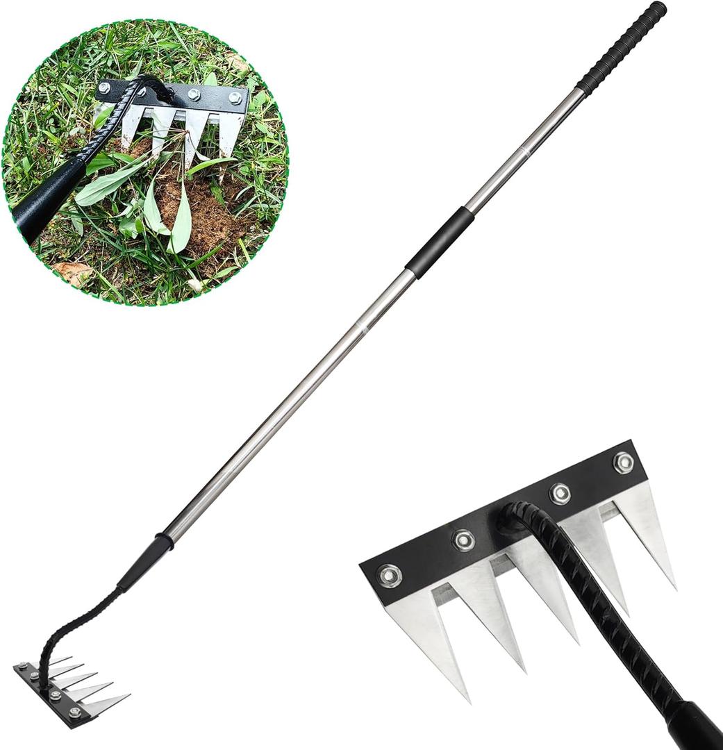 Forged Iron Weeding Rake,Gardenia 2.0 Iron Weed Rake with Long Handle,Thickened 5 Teeth Carbon Steel Garden Weeding and Leaf Removal Tools