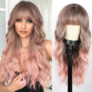 BOGSEA Ombre Pink Wig with Bangs Long Wavy Wigs for Women 26 Inch Middle Part Synthetic Heat Resistant Fiber Wigs for Daily Party Use (Pink)