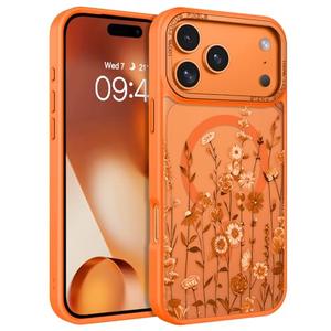 DOMAVER for iPhone 17 Pro Max Case, Magnetic Phone Case for iPhone 17 Pro Max [Compatible with MagSafe] Slim Fit Flowers Floral Design Shockproof Protective Bumper Women Men Girls Boys Cover - Orange