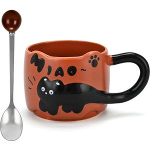 Naughty cat coffee Mugs,Cute funny Mug For Women, 380ml Unique Ceramic Coffee Tea Cups, Office Mug Gift 12.85oz/380ml (Caramel Brown)