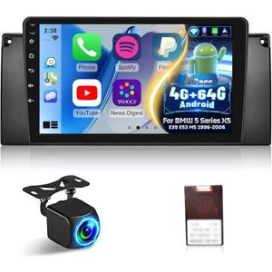 [Qualcomm 8 Core 4+64G] Car Radio for BMW 5 Series X5 E39 E53 M5 1996-2006 - Wireless Carplay and Android Auto - 9 Inch 1280*720 IPS Touchscreen Android 15 Car Stereo - DSP/GPS/SWC + AHD Backup Camera
