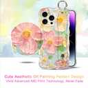 for iPhone 14 Pro Case with Finger Hand Wrist Strap, Cute Colorful Oil Painting Flower Floral Phone Case for Girls Women Stylish Aesthetic Curly Wave Frame Protective Cover, Pink Green