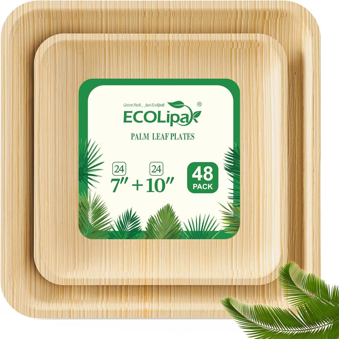 ECOLipak 48 Pack Compostable Palm Leaf Plate Like Bamboo Plate, 10 Inch and 7.85 Inch Disposable Biodegradable Plates Suitable for Party, Dinner