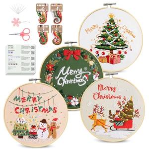 Santune 4 pcs Christmas Embroidery kit with Patterns Instructions Needlepoint Cross Stitch Kits for Beginners Adult,4 Embroidery,2 Hoops,Colored Threads Scissors and Needles,Merry Christmas