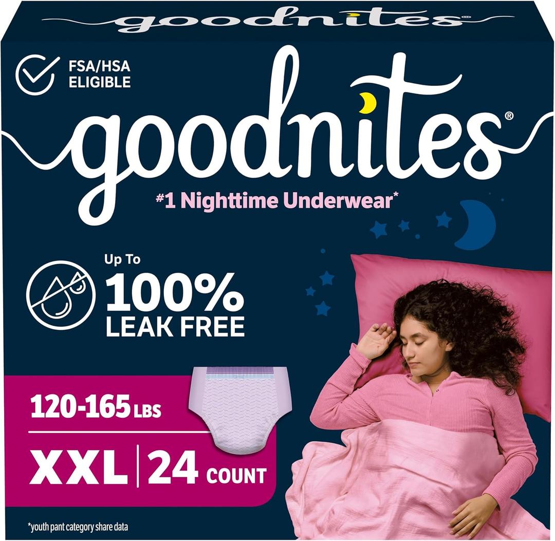 Goodnites Girls' Nighttime Underwear, Size XXL (120-165 lbs), 24 Ct (2 Packs of 12)