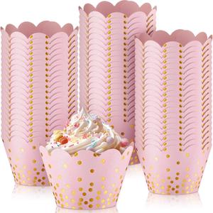 Zhehao 60 Pcs Gold Polka Dots Cupcake Wrappers Adjustable Graduation Cupcake Liners Paper Baking Cups Disposable Muffin Liners Holders for Birthday Baby Shower Wedding Party Supplies(Light Pink)