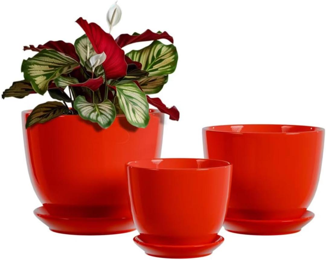 Ceramic Plant Pots - 4"/5"/6" Inch Red Planters Set of 3 with Drainage Holes and Saucer - Indoor Flower Pots for Plants Ceramic Planters for Indoor Gardening Succulent Pots(Red)