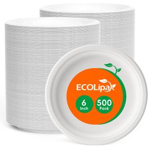 ECOLipak 6 Inch Disposable Compostable Small Paper Plates, 500 Pack Recycled Sugarcane Bagasse Biodegradable Heavy Duty Mini Dinner Appetizer Cake Dessert Plates for Party(White)