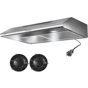 Under-Cabinet Range Hood 30 inch, 400 CFM | Dual Motors, Round LED Lights & 2 Charcoal Filters, Plug-in with Install Template, Stainless Steel, Ducted/Ductless