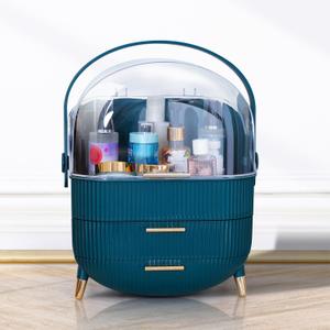 Makeup Cosmetic Organizer Box with Drawer Storage - Plastic Oval Storage Organizer with Turn Lock, Large Capacity for Womens Skincare and Beauty Products (Green)