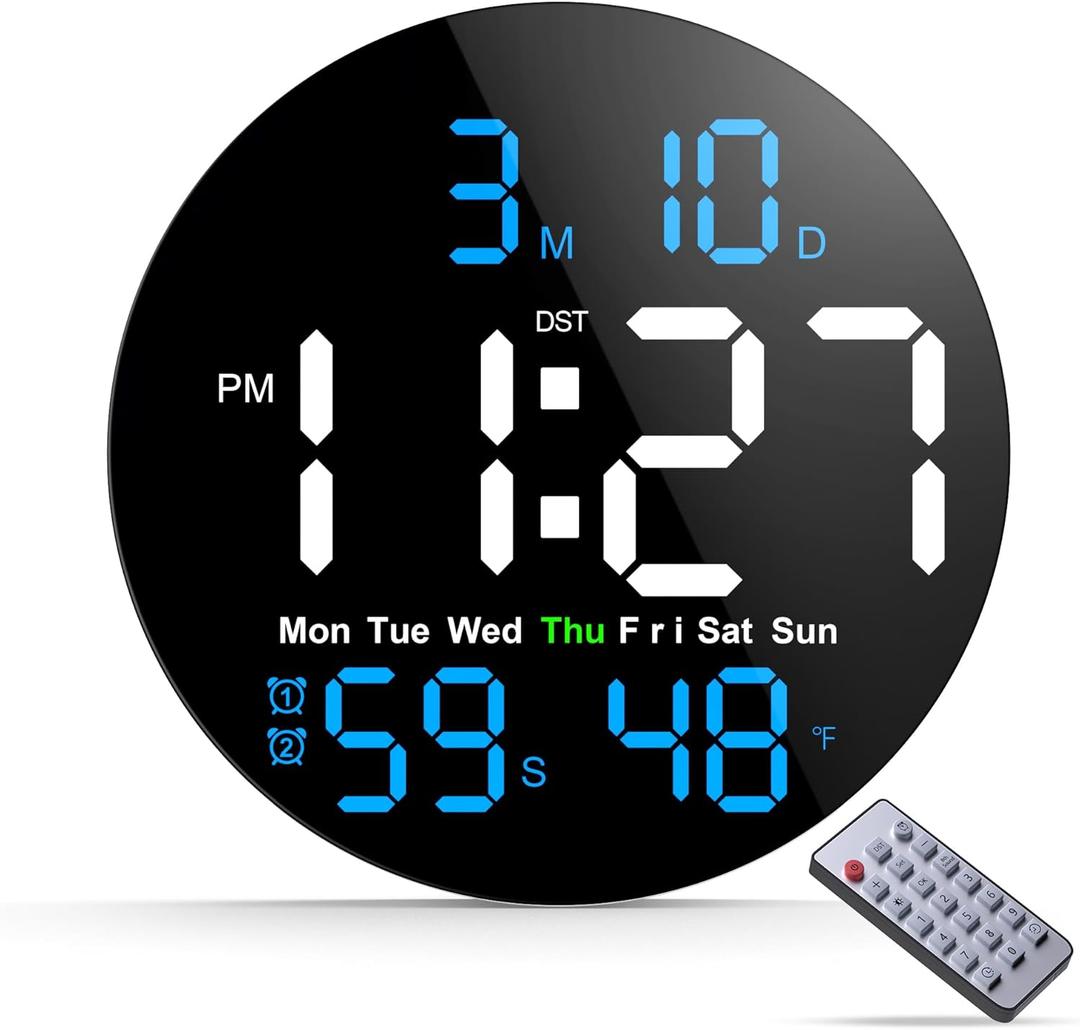 Digital Wall Clock, 10 in Wall Clock with Large LED Display Seconds Display One Button DST Muteable Button Auto Brightness, Large Digital Wall Clock for Living Room, Classroom, Bedroom, Office (Blue & Green)