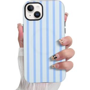 SOKAD Magnetic Vertical Stripes Phone Case for iPhone 15, Cute Light Blue Striped Line Pattern Compatible with Magsafe Matte Protective Case Cover with Screen Protector for Girls Women