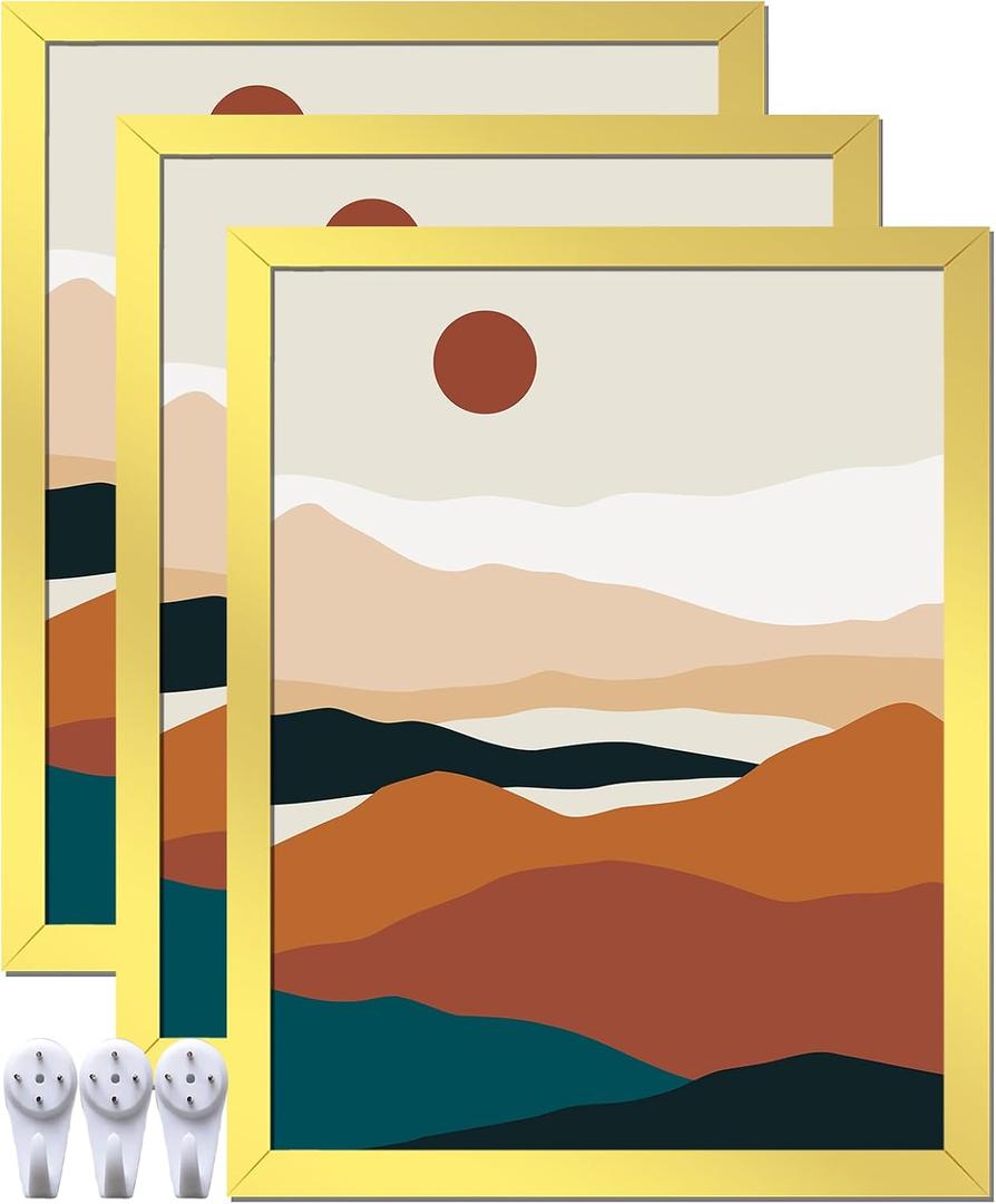 Gold 14x18 Picture Frame Set of 3, High Transparent Frame for 14 By 18 Photo Collage Canvas Poster Size Wall Mount and Tabletop Horizontally Vertically (Gold, 14 x 18 inches)