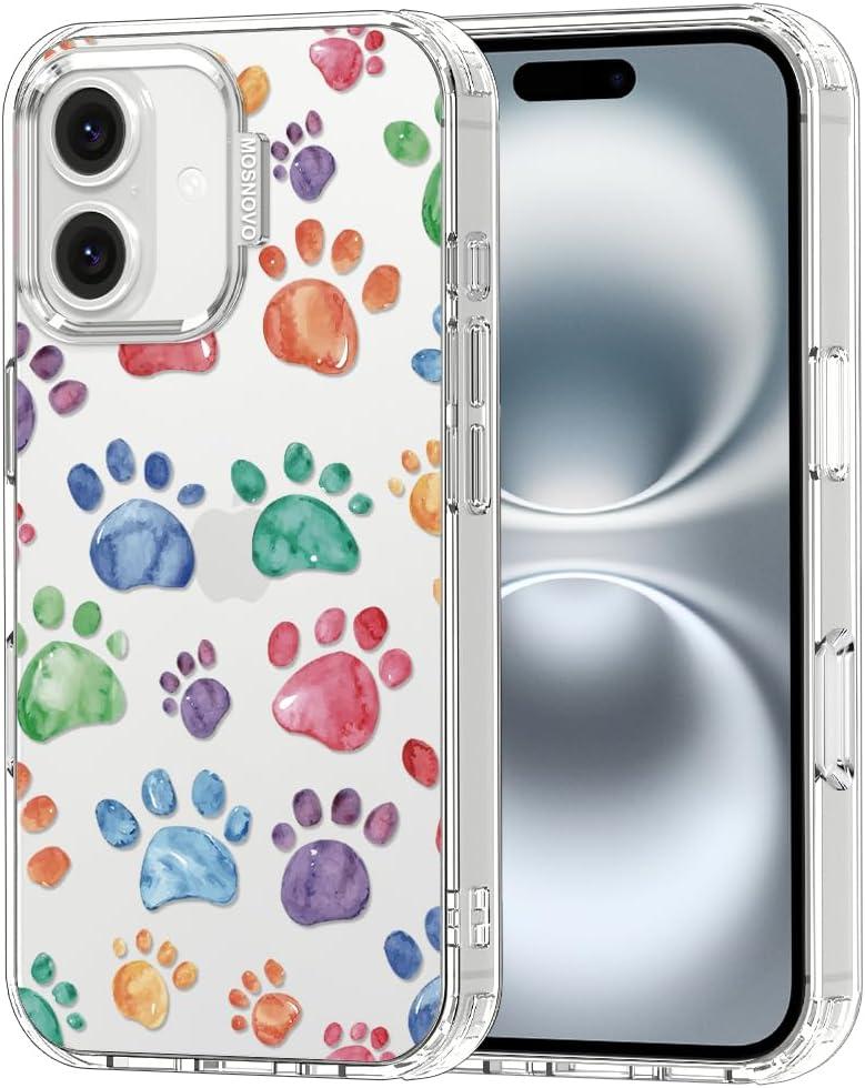 MOSNOVO Case for iPhone 16 Plus, [Buffertech 6.6ft Military-Grade Drop Protection] [Anti Peel Off Tech] Clear TPU Bumper Phone Case Cover Design - Colorful Paw