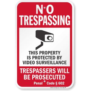 SmartSign "No Trespassing - Property Protected by Video Surveillance, Trespassers Prosecuted" Official California Sign | 12" x 18" Aluminum