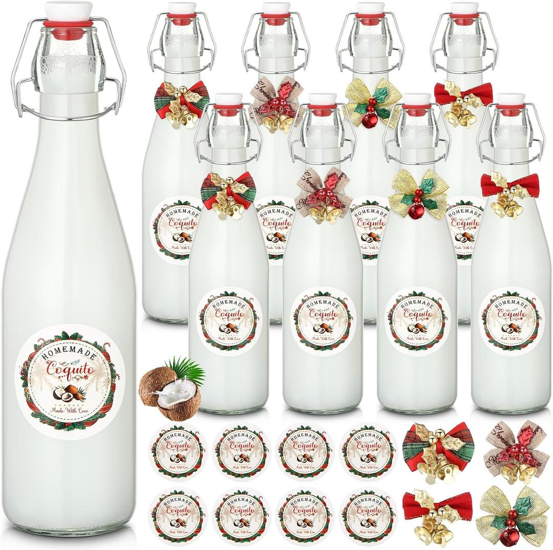 DoubleFill 8 Set Christmas Coquito Swing Top Glass Bottles 16 oz for Vanilla Extract Homemade Clear Flip Top Bottles with Airtight Cap Lids Labels for Home Brewing Coquito Beverages Liqueur(Round)