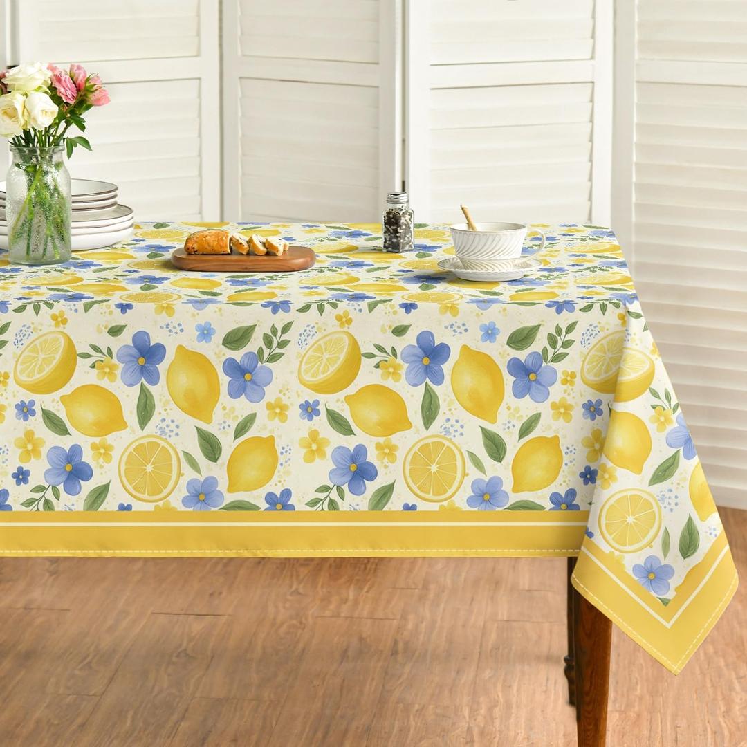 Horaldaily Summer Tablecloth 6060 Inch Square, Lemons Jasmine Leaves Blue Yellow Washable Seasonal Table Cover for Party Picnic Dinner Decor