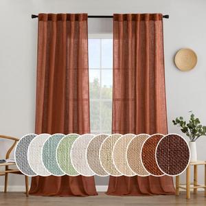 MIULEE Burnt Orange Linen Curtains 108 Inches Long for Living Room, Soft Thick Linen Textured Window Drapes Terracotta Rust Boho Fall Decor Semi Sheer Light Filtering Rod Pocket Back Tab, 2 Panels