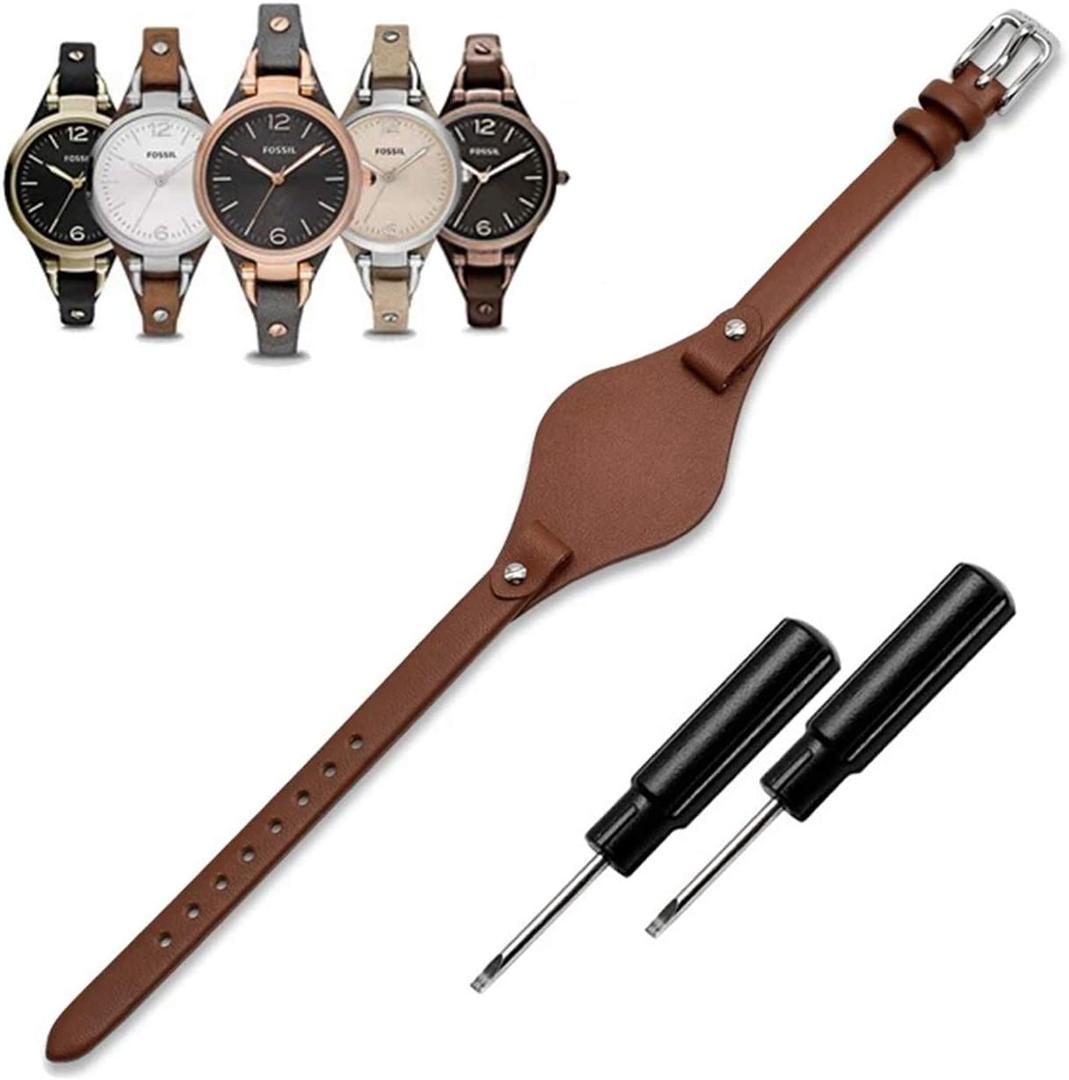 KAMIU Women's 8mm Watch Band Genuine Calf Leather Replacement Fossil Straps Watch Strap for ES3148 ES4119 ES4176 ES3262 ES3077 (Coffee - Silver Buckle)