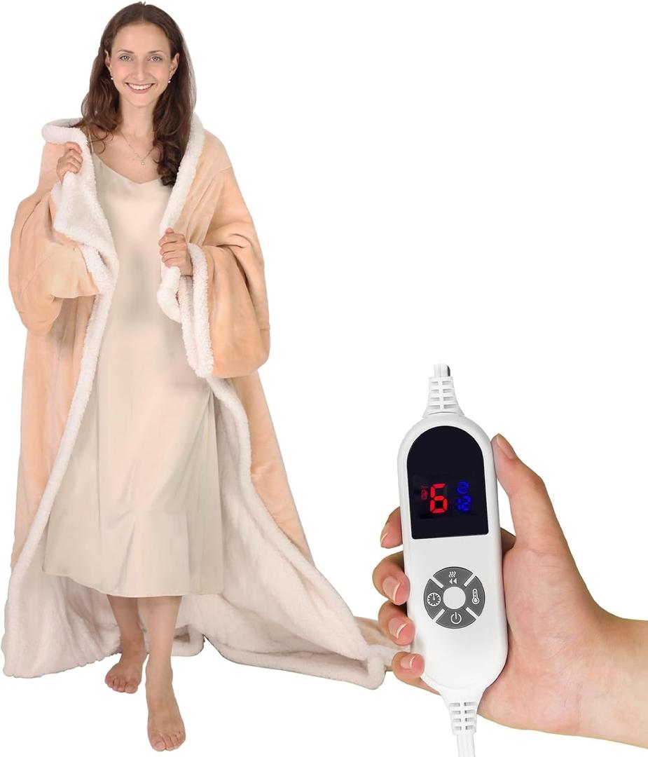 Butizone Heated Throw Blanket with Sleeves, Wearable Electric Blanket with Foot Pocket, 6 Adjustable Heat Settings, 70 * 50", Cozy Flannel and Sherpa, Beige