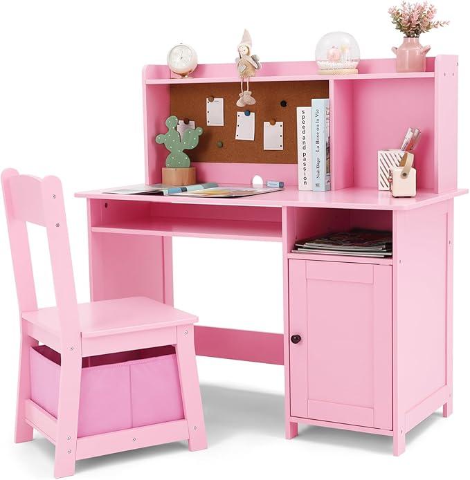 JOYLDIAS Children's Wooden Desk, Children's Desk with Chair, Multifunctional Children's Learning Table with Shelves and Storage Space, Pink JOYLDIAS Children's Wooden Desk, Children's Desk with Chair, Multifunctional Children's Learning Table with Shelves and Storage Space, Pink