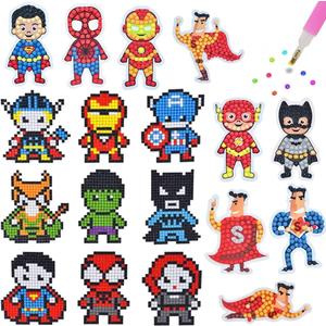 SHOWERRING 5D DIY Diamond Art Stickers Kits for Kids,Cartoon Gem Digital Art Painting Stickers Mosaic Craft Kit (Super Hero)