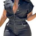 Tcremisa Women's Vintage Distressed Short Denim Jumpsuit Stretch Short Sleeve Button Down Cargo Jean Rompers (Black, XL)