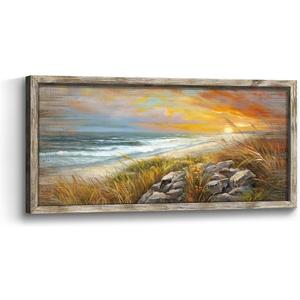 Framed Beach Wall Art Picture:Sunset Coastal Wooden Painting Ocean Sea Wave Artwork Seaside Seascape Grass Print Decor for Living Room Bedroom 24x12 inch (24L" x 12W")