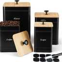 PERFNIQUE Kitchen Canisters, Airtight Canister Sets for Kitchen Counter, Kitchen Canisters for Countertop Set of 4, Coffee Tea Sugar Flour Spice Tin Jars Food Storage Container with Lid(Black)