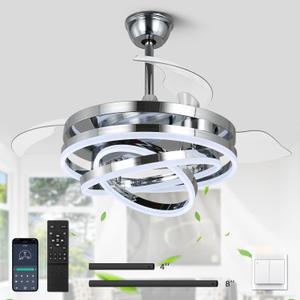 42 Inch Retractable Ceiling Fan, Modern Ceiling Fans with Lights and Remote, Silent DC Motor，Dimmable,Timer Setting,6 Speed，Chrome Chandelier Ceiling Fans with Lights for Bedroom/Living Room