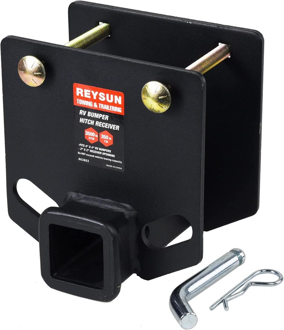 Trailer Hitch 863803 RV Bumper Hitch Receiver Adapter, 2-inch Receiver, Fits 4-inch Square RV Rear Bumpers, Hitch Pin Kit Included