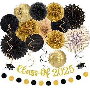 2025 Class Graduation Party-Decorations Banner-Streamers - 21pcs Black Gold Congratulations Grad Backdrop Decor, Tassel Garland, Tissue Pom Poms Honeycomb, Paper Lantern Fans Hugtmr