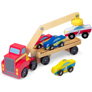 Melissa & Doug Magnetic Car Loader Wooden Toy Set with 4 Cars and 1 Semi-Trailer TruckCrane Wooden Toy, Vehicle Toys for Kids Ages 3+