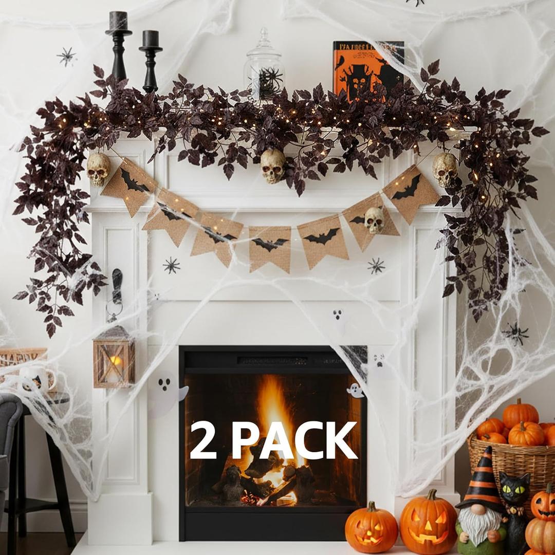 Neutral Fall Garland for Mantle Fireplace - 2 Pack 6Ft Plum Cimicifuga Seeded Leaf Garlands Purple Autumn Decor Table Decorations for Home Indoor Door Halloween Realistic Leaves Garlands Outdoor (5.9Ft)