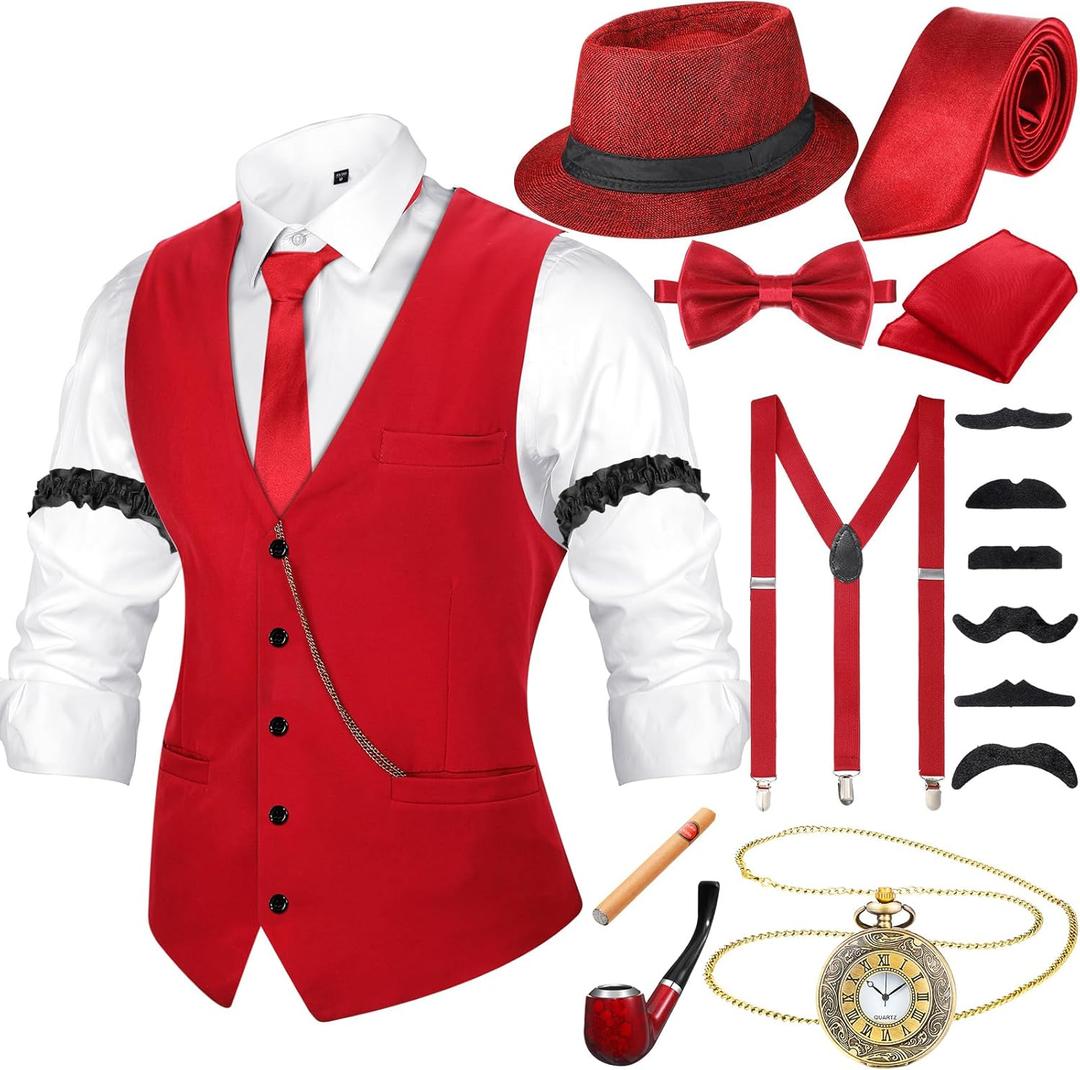 Neer 1920s Men Costume Accessories Outfit with Gangster Vest Hat Vintage Pocket Watch Bow Tie Suspenders Accessories (Small, Wine Red)