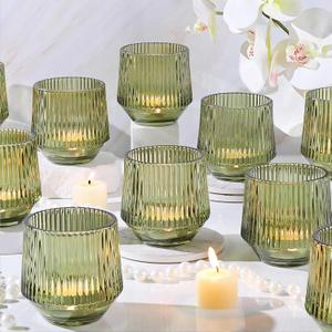 12 Pcs Large Green Votive Candle Holders- 3.15"3.15" Ribbed Green Candle Holders, Green Tea Lights Candle Holders for Green Wedding Decor, Sage Green Wedding Table Decor, Centerpieces