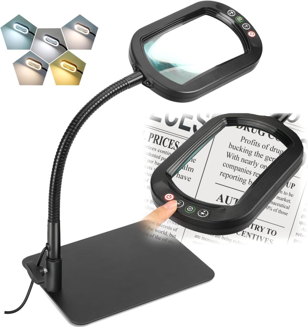 Veemagni 10X Rectangle Magnifying Glass with Light and Stand, Flexible Gooseneck LED Lighted Desk Lamp, 5 Color Modes Stepless Dimmable, Hands Free Magnifier for Reading Crafts Painting Close Work (Black)