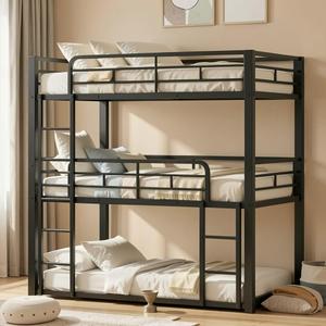 Metal Triple Bunk Bed, Twin Over Twin Over Twin Heavy Duty Bunkbeds, Full-Length Guardrail Family-Friendly for All Ages, Bedroom, No Box Spring Needed, Easy Assembly, Black