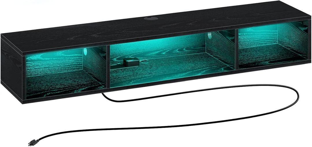 Rolanstar TV Stand with Power Outlet, Floating TV Stand with RGB Lights, Wall Mounted TV Shelf 120cm, Black Media Console with Storage Shelf, Under TV Entertainment Shelf