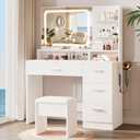 LIVELYGLOW Makeup Vanity Desk with Smart LED Mirror & Charging Station, 35.4" White Vanity Table Set with Cushioned Stool, 4 Drawers & Hairdryer Rack, Modern Bedroom Dressing Table-White, 53.9"h X 35.4"w X 15.7"d