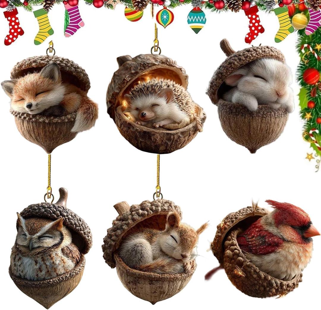 2 x Forest Animal Acorn Ornaments - Cozy Forest Christmas Ornaments, 2D Flat Acrylic Hanging Forest Pine Cone Style Ornaments, Exquisite Little Items for Christmas Home Decor and Holiday Season Atmosphere
