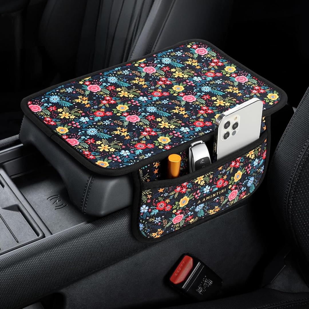 Car Center Console Cover, Universal Car Armrest Cover Cushion with 2 Storage Bags, Stylish Scratch Resistant Protective Car Armrest Pad for Most Vehicles (Garden in Black)