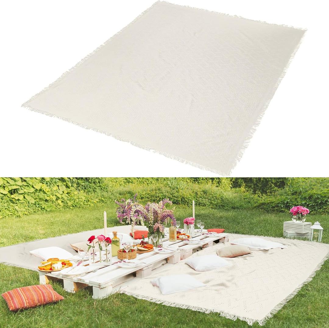 91 x 71 Extra Large Outdoor Picnic Blanket Woven Cotton Yarn Oversize Beach Blanket with Fringe Bohemia Machine Washable Sandproof Portable for Spring Summer Camping Beach (Beige)