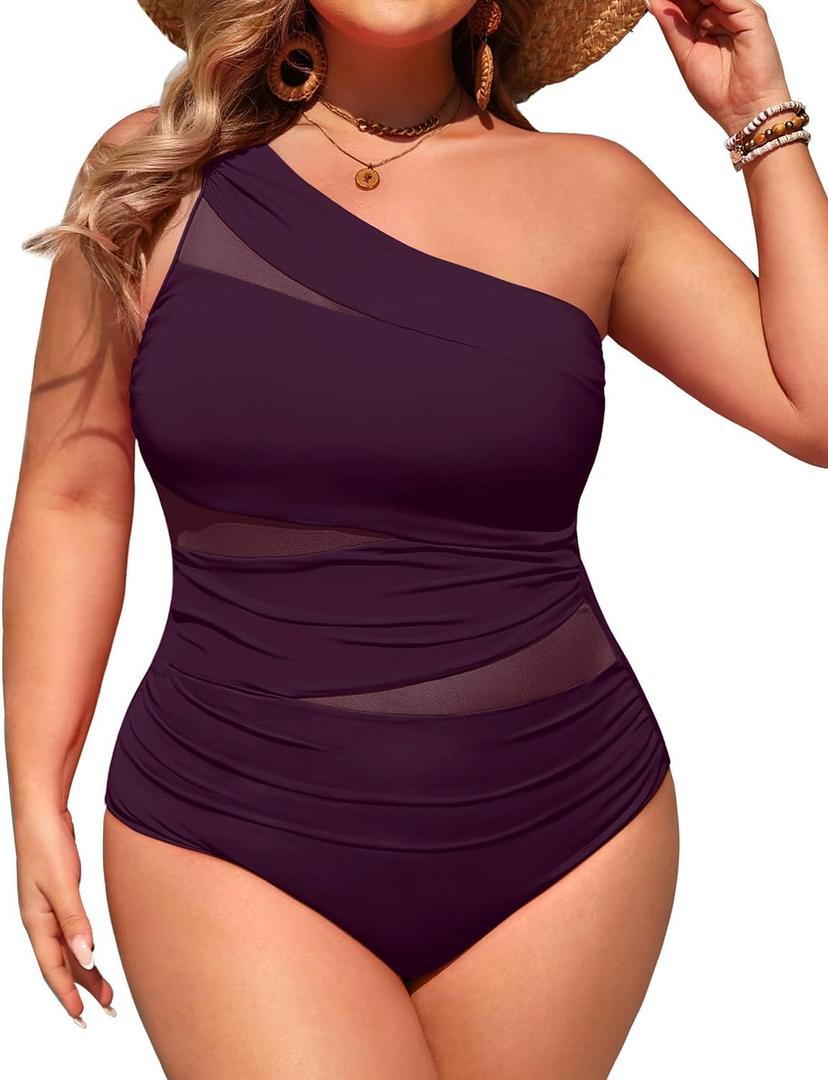 Aqua Eve Plus Size One Piece Swimsuit for Women Tummy Control Bathing Suits One Shoulder Swimwear Purple 16W
