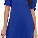 Aloodor Women's Casual Dresses Short Sleeve V-Neck Dress with Pockets (Blue, XL)