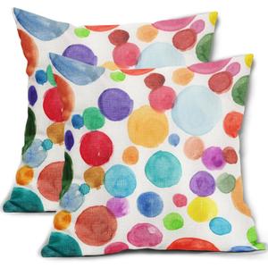 Watercolor Polka Dot Pillow Covers 18x18 Set of 2 Rainbow Colorful Circle Pattern Decorative Throw Pillows Boho Outdoor Pillowcase Square Linen Farmhouse Cushion Case Decor for Couch Sofa Bed