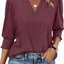 XIEERDUO Blouses for Women Dressy Casual 3/4 Length Sleeve Womens Tops with Smocked Cuffs (P-Burgundy, XXL)